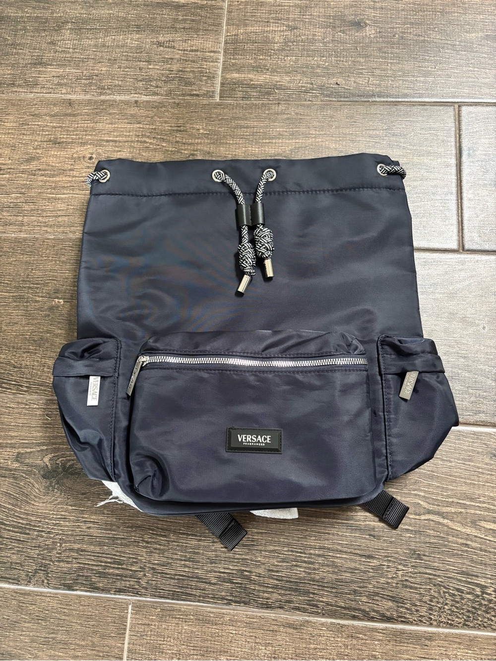 Versace / Men’s Navy Drawstring Backpack w/ Front Zip Pocket Adjustable Strap